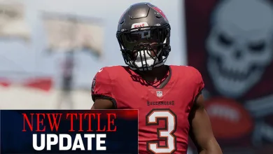 A Tampa Bay Buccaneers player wearing a red number 3 uniform in a Madden NFL 27 title update graphic.