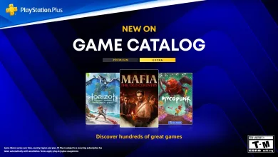 Mafia: The Old Country, Horizon Forbidden West and Mycopunk game covers displayed together in a PlayStation Plus Game Catalog lineup graphic.