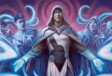 A blue-eyed, hooded mage stands before several spectral figures as ribbons of blue magic swirl around them.