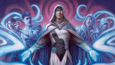 A blue-eyed, hooded mage stands before several spectral figures as ribbons of blue magic swirl around them.