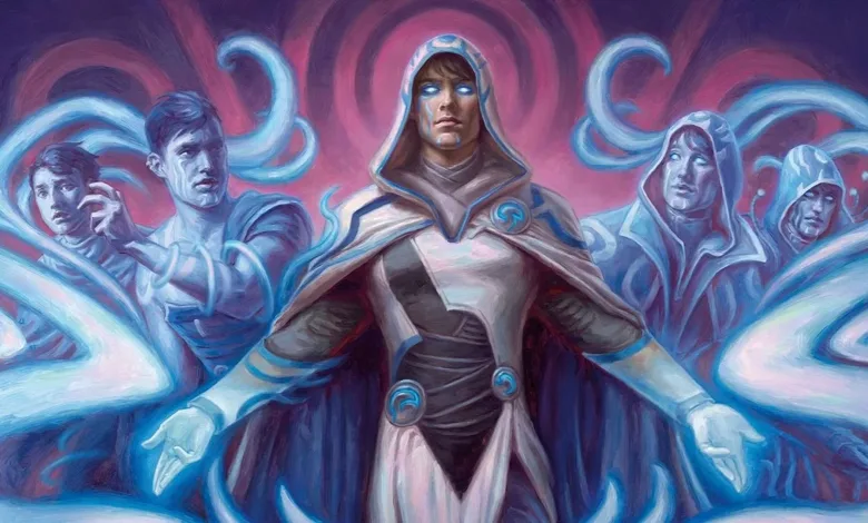 A blue-eyed, hooded mage stands before several spectral figures as ribbons of blue magic swirl around them.