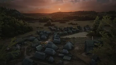 Aerial view of a medieval Manor Lords settlement and cultivated fields at sunset.