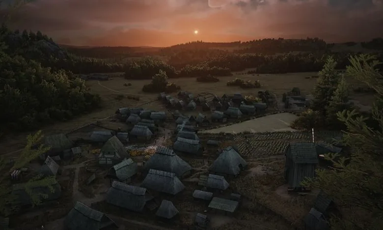 Aerial view of a medieval Manor Lords settlement and cultivated fields at sunset.