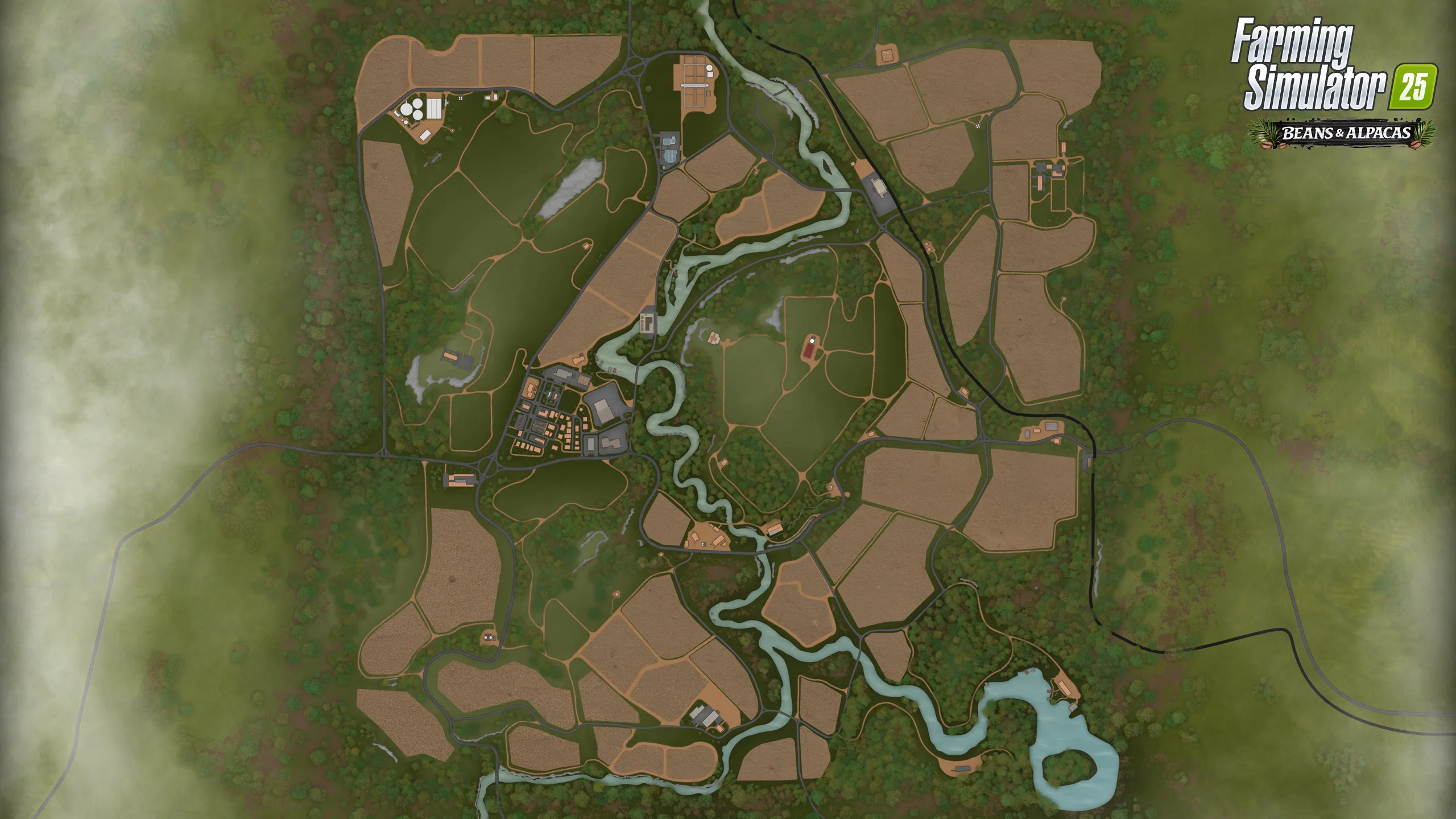 Map of Catuaí showing fields, roads, a village, and a winding river