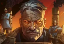 A gray-haired military commander stands in front of soldiers and battlefield machinery in March of Giants artwork.