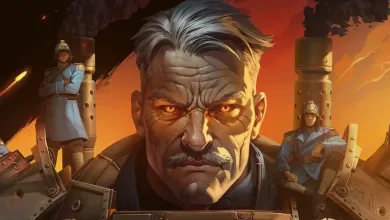 A gray-haired military commander stands in front of soldiers and battlefield machinery in March of Giants artwork.