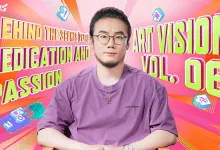 An artist wearing glasses and a purple shirt is centered against a colorful Art Vision Vol. 06 graphic.