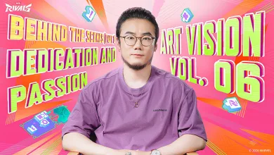 An artist wearing glasses and a purple shirt is centered against a colorful Art Vision Vol. 06 graphic.