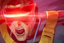 Close-up of Cyclops shouting with his red visor glowing in Marvel Rivals.