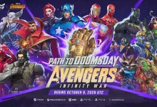 Marvel Rivals heroes surround the Infinity Gauntlet in Path to Doomsday: Avengers Infinity War artwork; a banner says the event begins October 9, 2026 UTC.