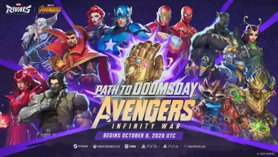 Marvel Rivals heroes surround the Infinity Gauntlet in Path to Doomsday: Avengers Infinity War artwork; a banner says the event begins October 9, 2026 UTC.