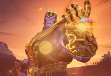 Thanos in gold armor raises the Infinity Gauntlet in an orange-lit scene from Marvel Rivals.
