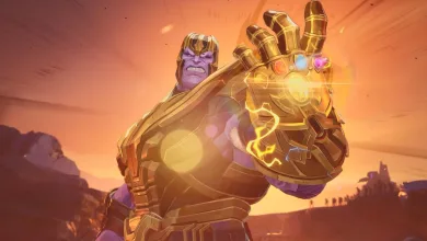 Thanos in gold armor raises the Infinity Gauntlet in an orange-lit scene from Marvel Rivals.
