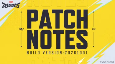 Yellow Marvel Rivals patch-notes graphic showing build version 20261001.