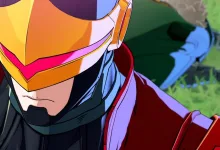 Close-up of Cyclops wearing a gold visor and red armor in MARVEL Tōkon: Fighting Souls.