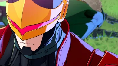 Close-up of Cyclops wearing a gold visor and red armor in MARVEL Tōkon: Fighting Souls.