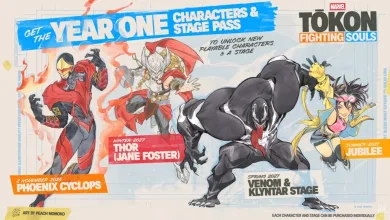 Year One artwork for MARVEL Tōkon: Fighting Souls shows Phoenix Cyclops, Thor (Jane Foster), Venom, and Jubilee with their release windows.