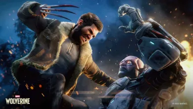 Wolverine fights armored enemies in a blue-lit Marvel's Wolverine scene.
