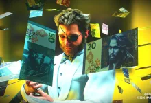 Logan wears sunglasses and a white shirt as casino money floats around him in Marvel's Wolverine.
