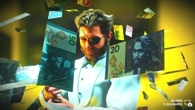 Logan wears sunglasses and a white shirt as casino money floats around him in Marvel's Wolverine.
