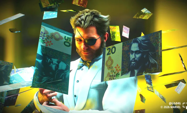 Logan wears sunglasses and a white shirt as casino money floats around him in Marvel's Wolverine.
