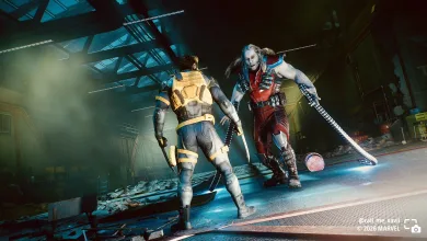 Wolverine faces Omega Red in a dramatic, blue-lit interior in Marvel's Wolverine.