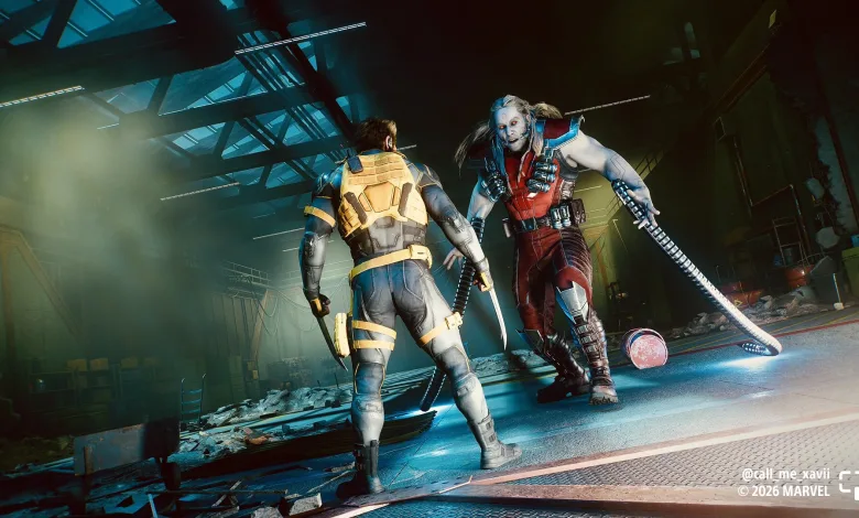 Wolverine faces Omega Red in a dramatic, blue-lit interior in Marvel's Wolverine.
