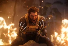 Wolverine crouches with his claws extended amid flames in Marvel's Wolverine.