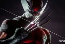Wolverine wears the red-and-black Ultimate Red suit and holds his claws across his chest.