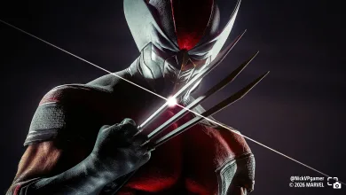 Wolverine wears the red-and-black Ultimate Red suit and holds his claws across his chest.