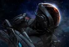 An armored N7 operative holds a rifle against a starfield, with a planet glowing behind the helmet.