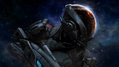 An armored N7 operative holds a rifle against a starfield, with a planet glowing behind the helmet.