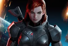 A red-haired soldier in dark N7 armor faces forward as glowing debris falls around her.