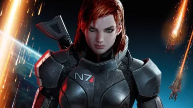 A red-haired soldier in dark N7 armor faces forward as glowing debris falls around her.