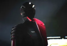 A helmeted figure in black armor with a red shoulder panel and an N7 insignia.