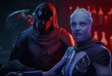 A blue-skinned alien woman stands beside a hooded figure in a red-and-blue lit sci-fi setting.