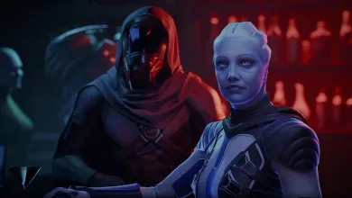 A blue-skinned alien woman stands beside a hooded figure in a red-and-blue lit sci-fi setting.