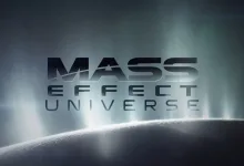 The words “Mass Effect Universe” appear above a planet’s curved horizon against a hazy glow.