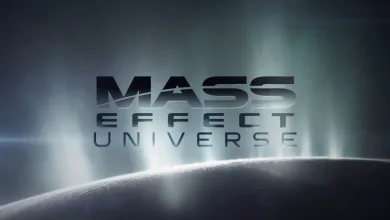 The words “Mass Effect Universe” appear above a planet’s curved horizon against a hazy glow.