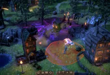 A nighttime settlement in Masters of Albion with a glowing god hand hovering over a combat area amid purple corruption.