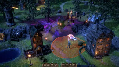 A nighttime settlement in Masters of Albion with a glowing god hand hovering over a combat area amid purple corruption.