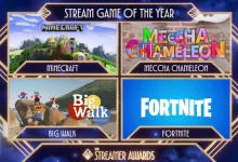 A Stream Game of the Year graphic displays nominee panels for Minecraft, Meccha Chameleon, Big Walk, and Fortnite.