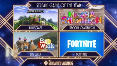 A Stream Game of the Year graphic displays nominee panels for Minecraft, Meccha Chameleon, Big Walk, and Fortnite.
