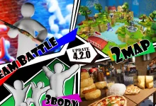 Meccha Chameleon update collage showing Team Battle, two maps, and character body types.