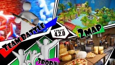 Meccha Chameleon update collage showing Team Battle, two maps, and character body types.