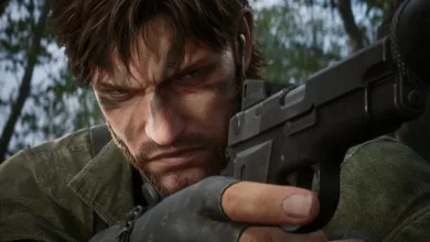 Close-up of Snake holding a rifle in a forest in Metal Gear Solid Delta.