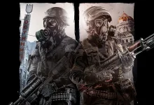 Two armed soldiers wearing gas masks stand against a post-apocalyptic city backdrop in Metro 2033 Redux artwork.