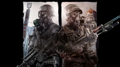 Two armed soldiers wearing gas masks stand against a post-apocalyptic city backdrop in Metro 2033 Redux artwork.