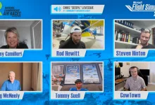 A blue National Championship Air Races graphic with portraits of five pilots and CowTown beneath a banner naming host Chris Levesque.
