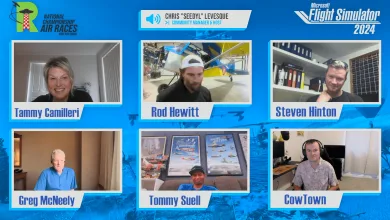 A blue National Championship Air Races graphic with portraits of five pilots and CowTown beneath a banner naming host Chris Levesque.
